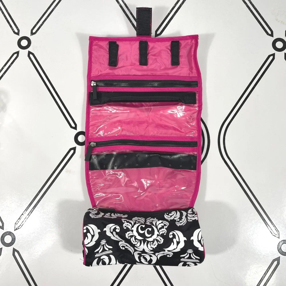 Jewelry Travel Organizer Roll Up‎ Bag On a Roll Damask Pink